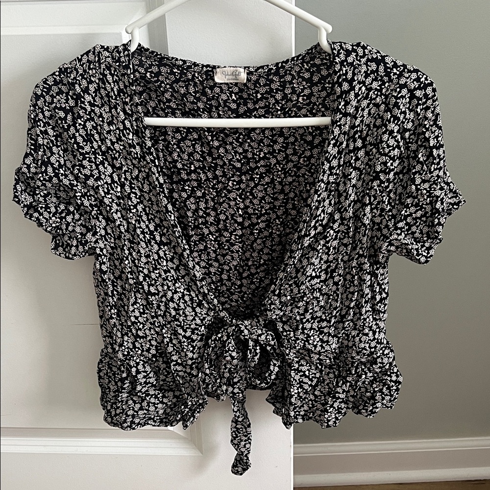 Tie-Front Black Floral Crop Top